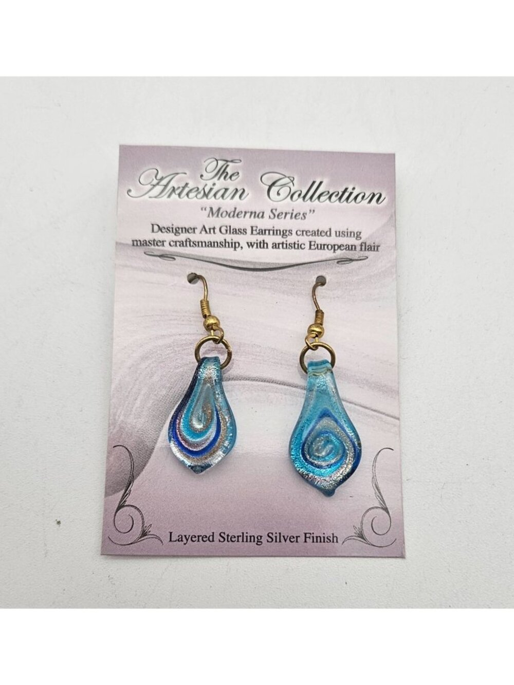 Art Glass Blue Swirl Teardrop Dangle Earrings New on Card